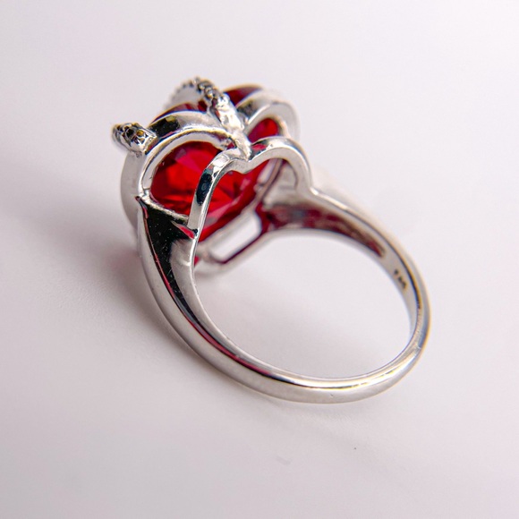 Sterling Silver Lab Created Ruby Heart Shaped Ring with Crisscrossed CZ. Size 5. - Picture 3 of 10